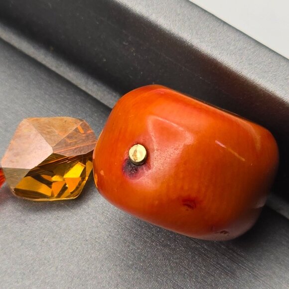 VTG 14k GF & Natural Coral w/ Crystals Pendant Y-Drop Necklace Paperclip Chain - Picture 7 of 16